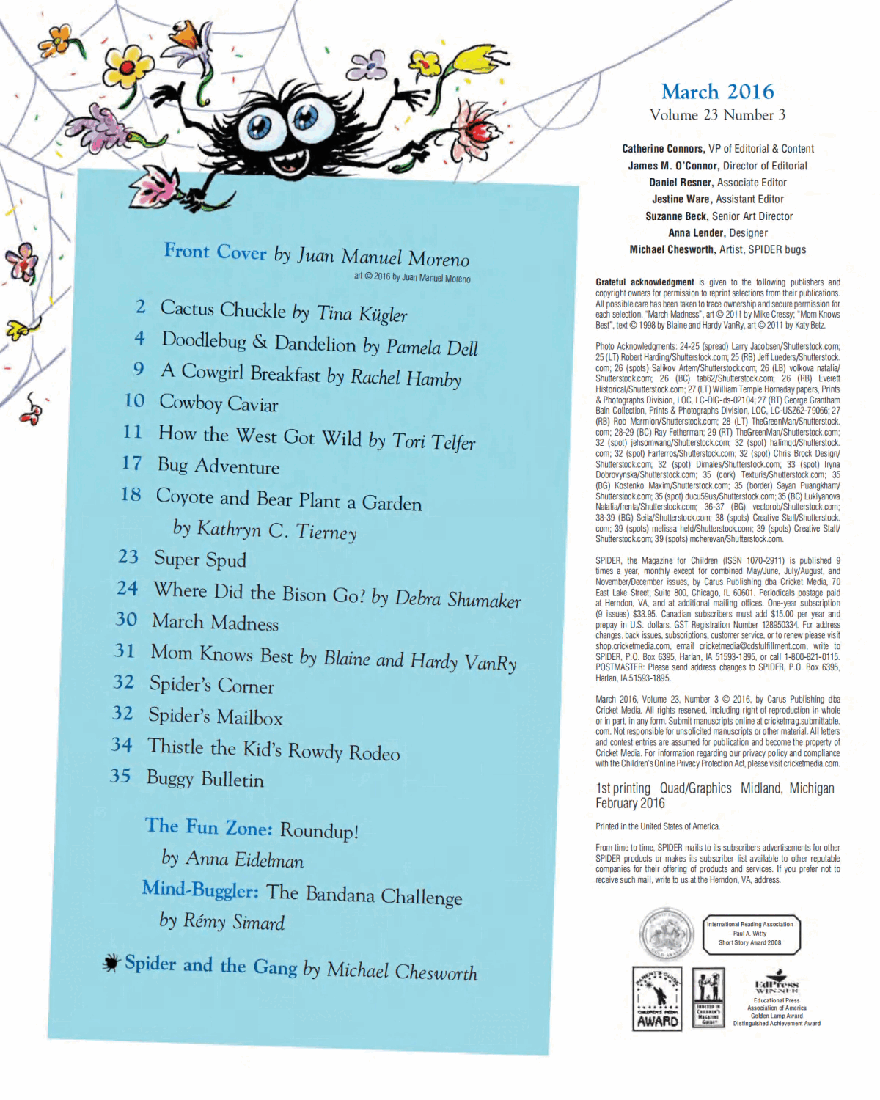 北美儿童文学杂志红蜘蛛3. Spider Magazine Stories, Games, Activites and Puzzles for Children and Kids - March 2016.pdf，第3页预览