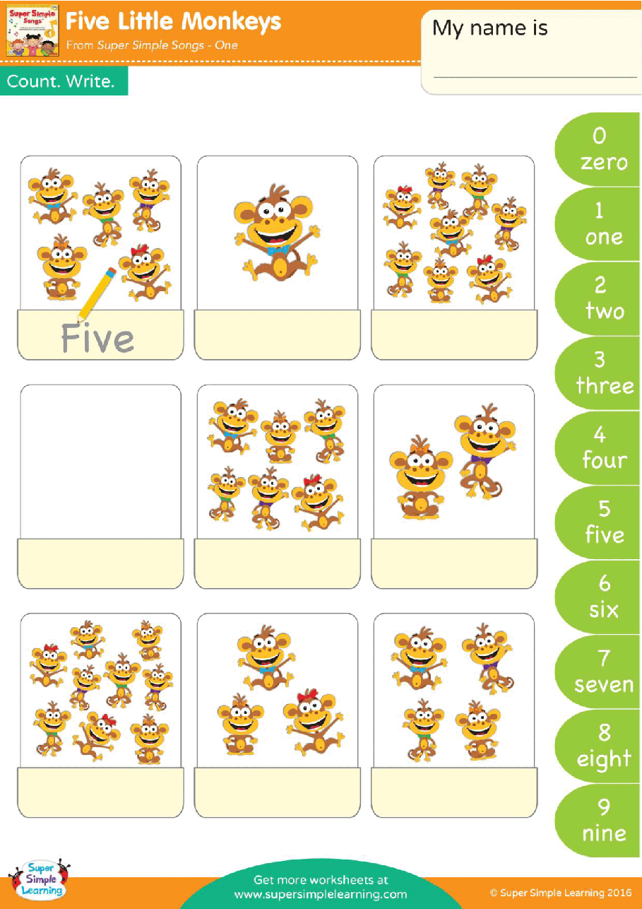 五只小猴子five-little-monkeys-worksheet-count-and-write.pdf，第1页预览