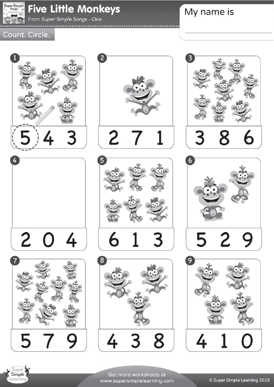 五只小猴子five-little-monkeys-worksheet-count-and-circle-bw.pdf,第1页预览