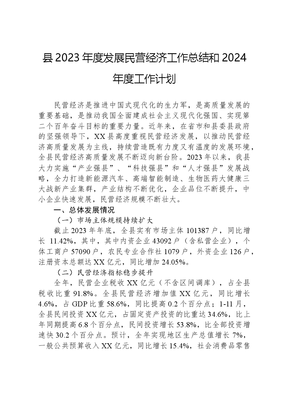县2023年度发展民营经济工作总结和2024年度工作计划.docx,第1页预览