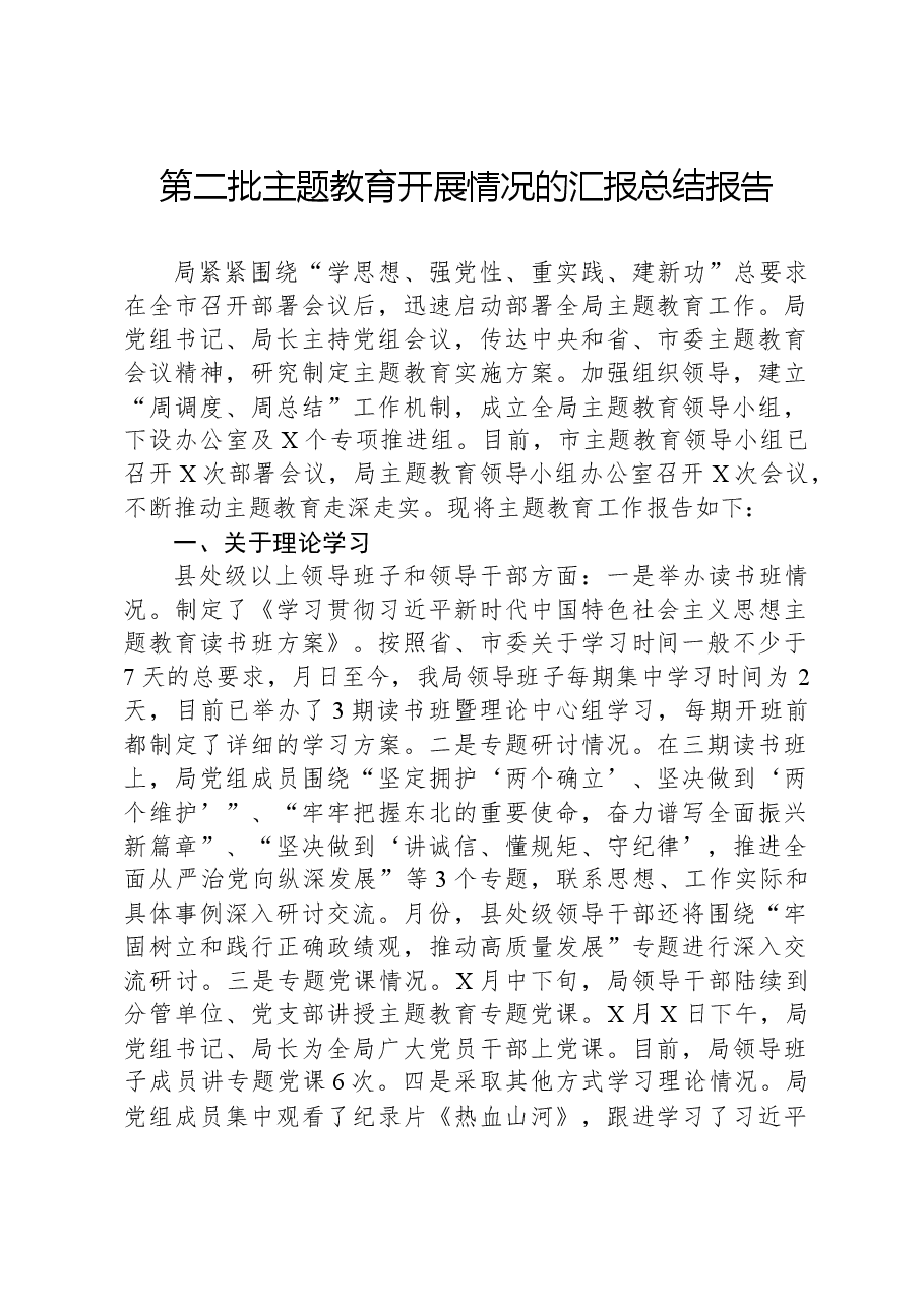 第二批主题教育开展情况的汇报总结报告.docx,第1页预览