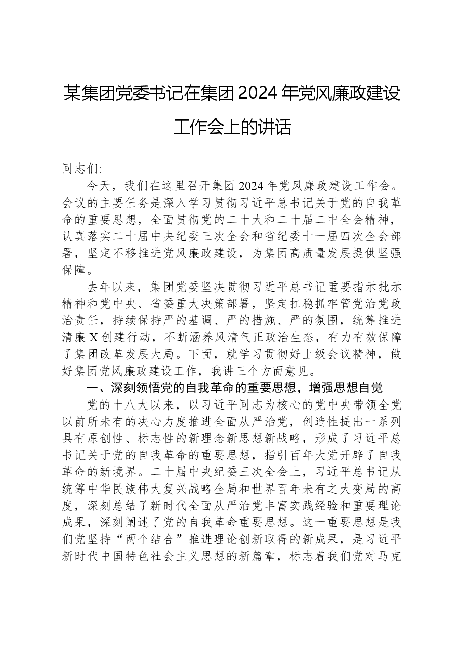 某集团党委书记在集团2024年党风廉政建设工作会上的讲话.docx,第1页预览