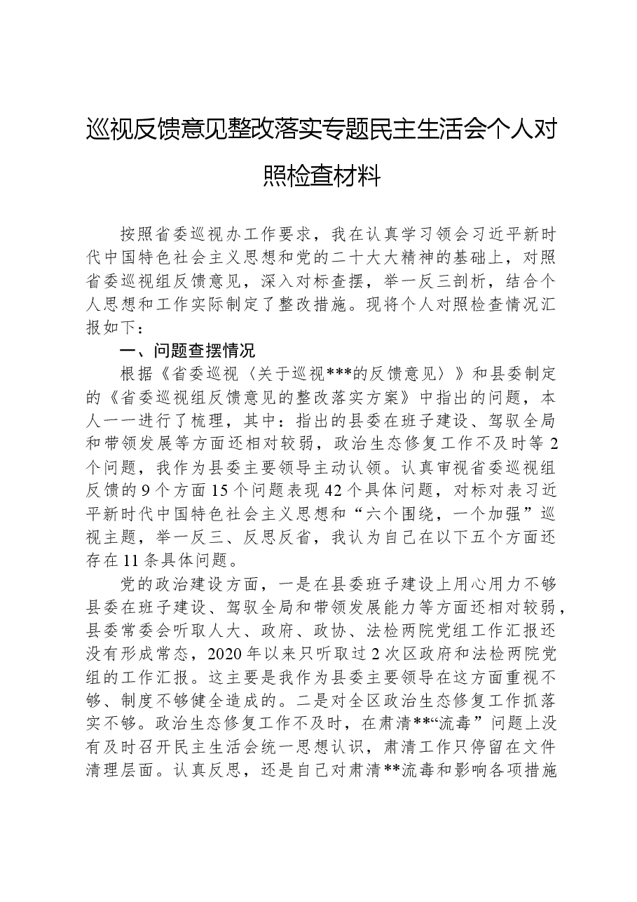 巡视反馈意见整改落实专题民主生活会个人对照检查材料.docx,第1页预览