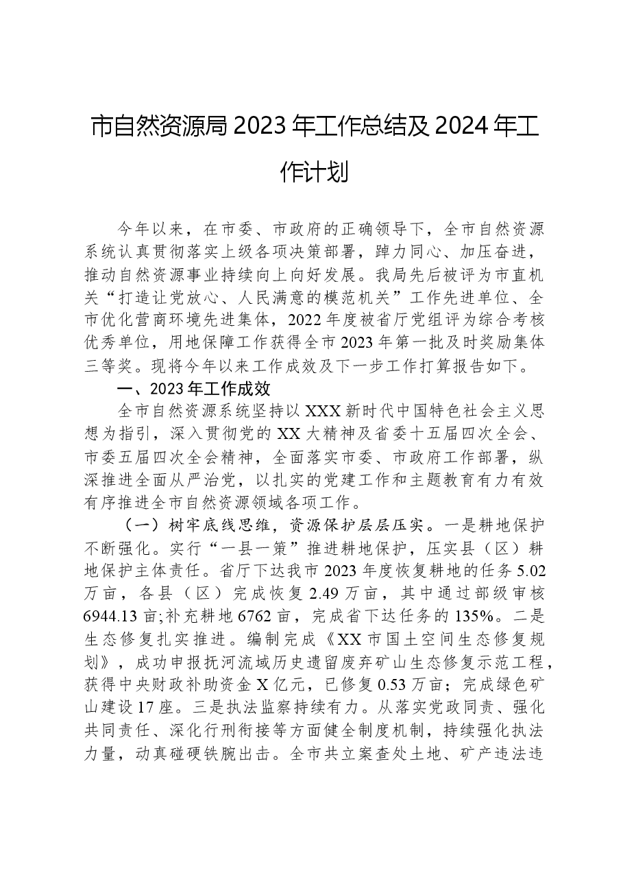 市自然资源局2023年工作总结及2024年工作计划.docx,第1页预览