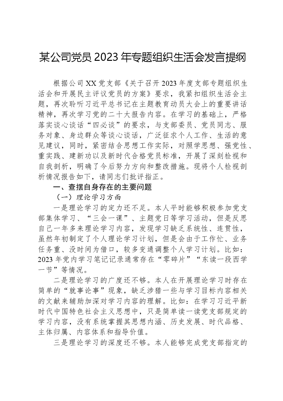 某公司党员2023年专题组织生活会发言提纲.docx,第1页预览
