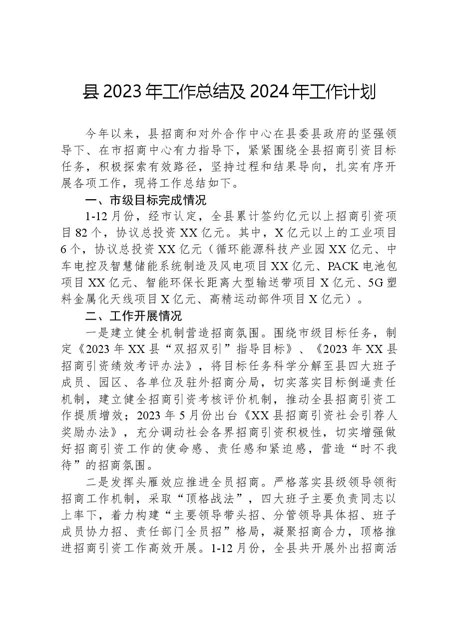 县2023年工作总结及2024年工作计划.docx,第1页预览