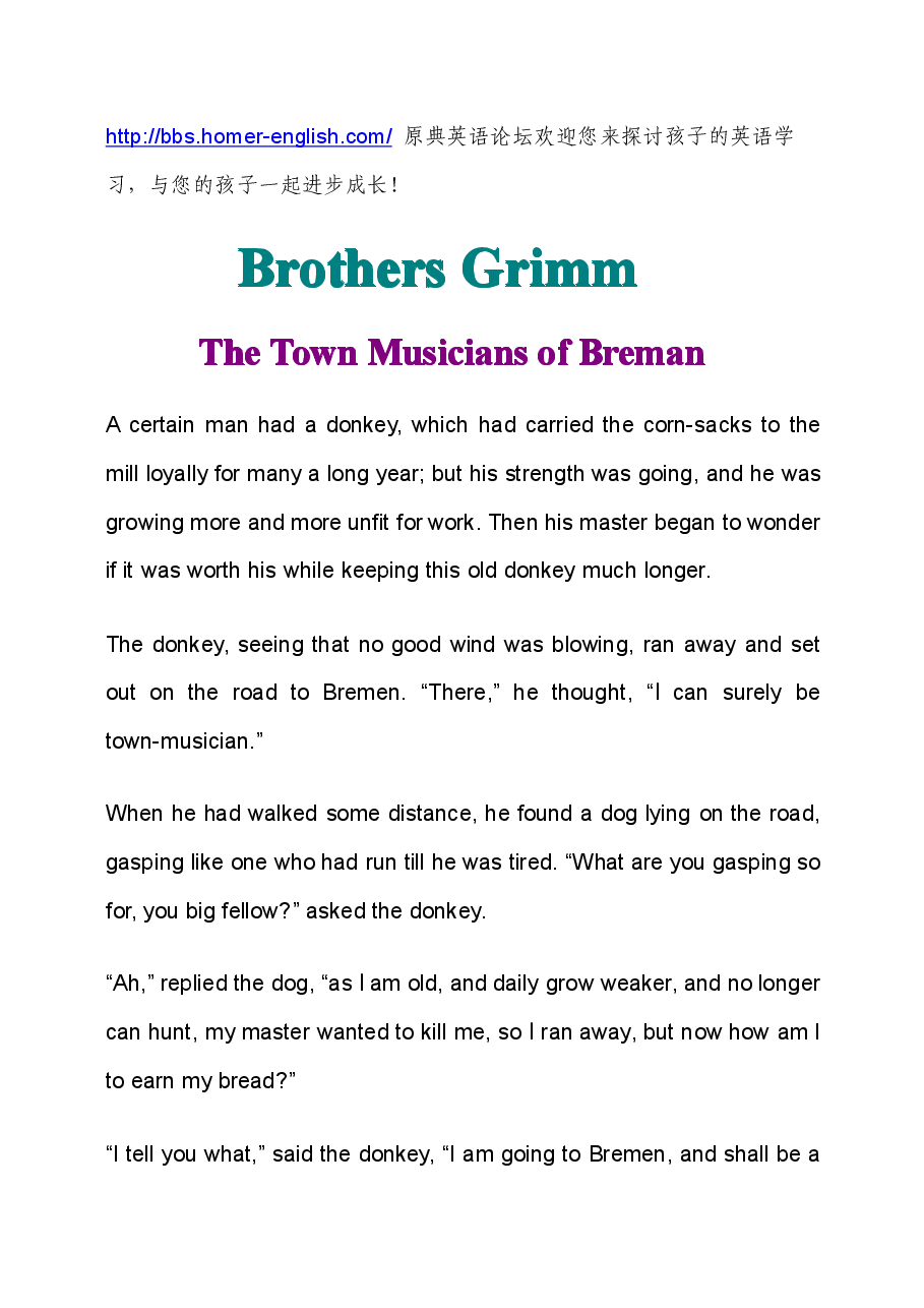 格林童话英文绘本Town_Musicians_of_Breman.pdf,第1页预览