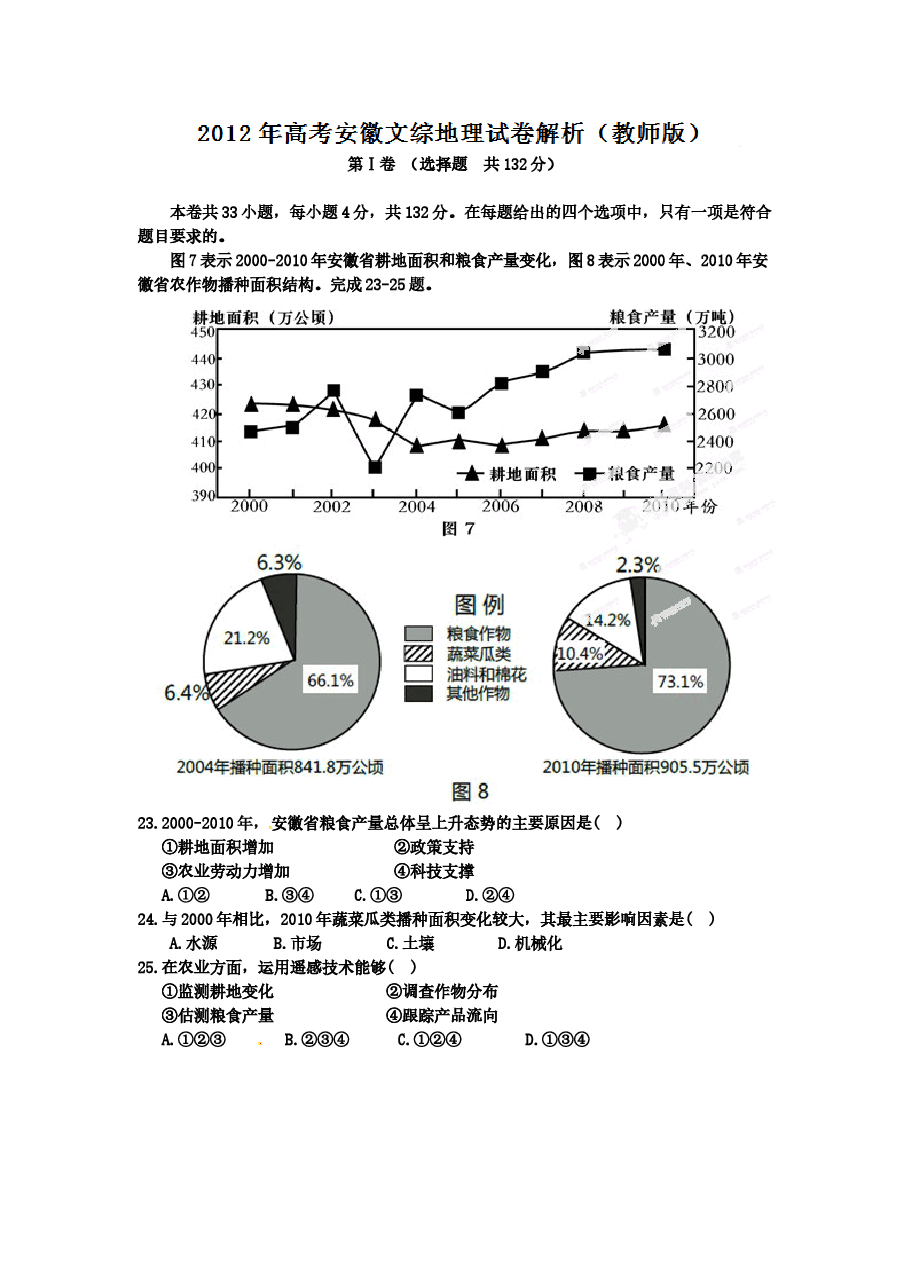 2012年高考安徽卷(文综地理部分)(含答案).doc，第1页预览