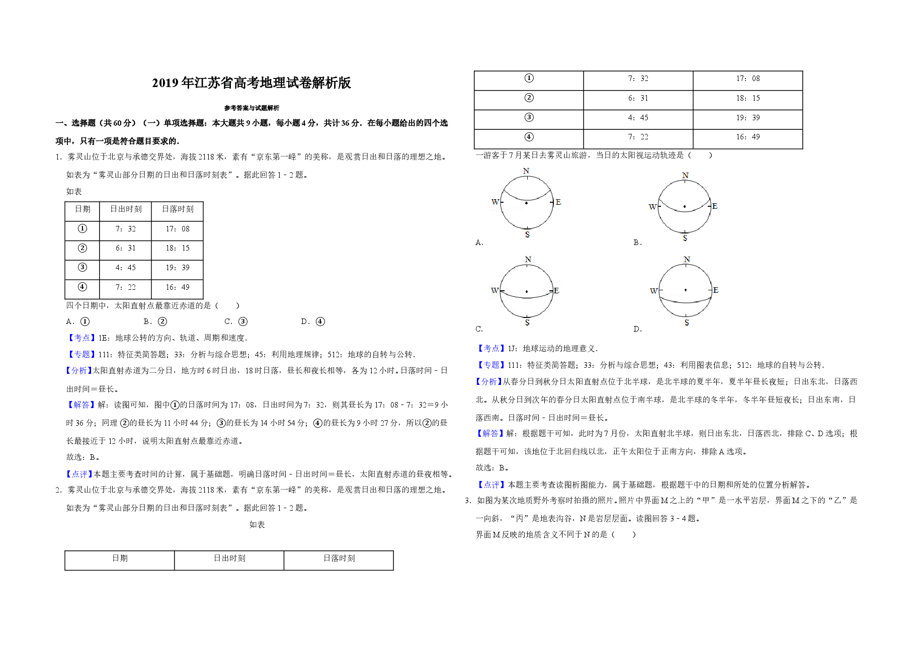 2019年江苏省高考地理试卷解析版 .doc,第1页预览