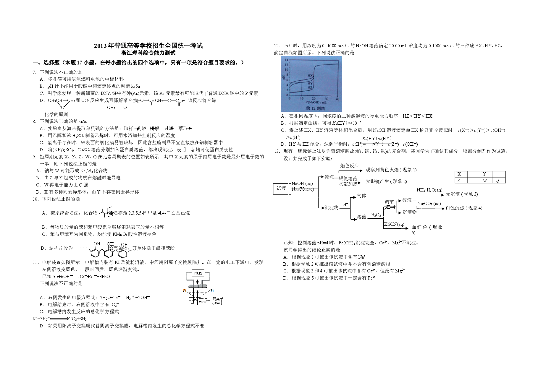 2013年浙江省高考化学(原卷版).doc,第1页预览
