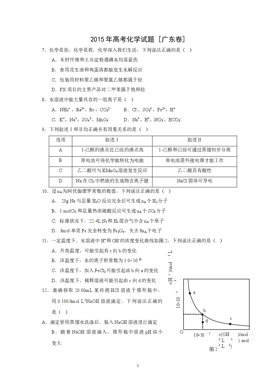 2015年广东高考化学试题及答案.doc,第1页预览