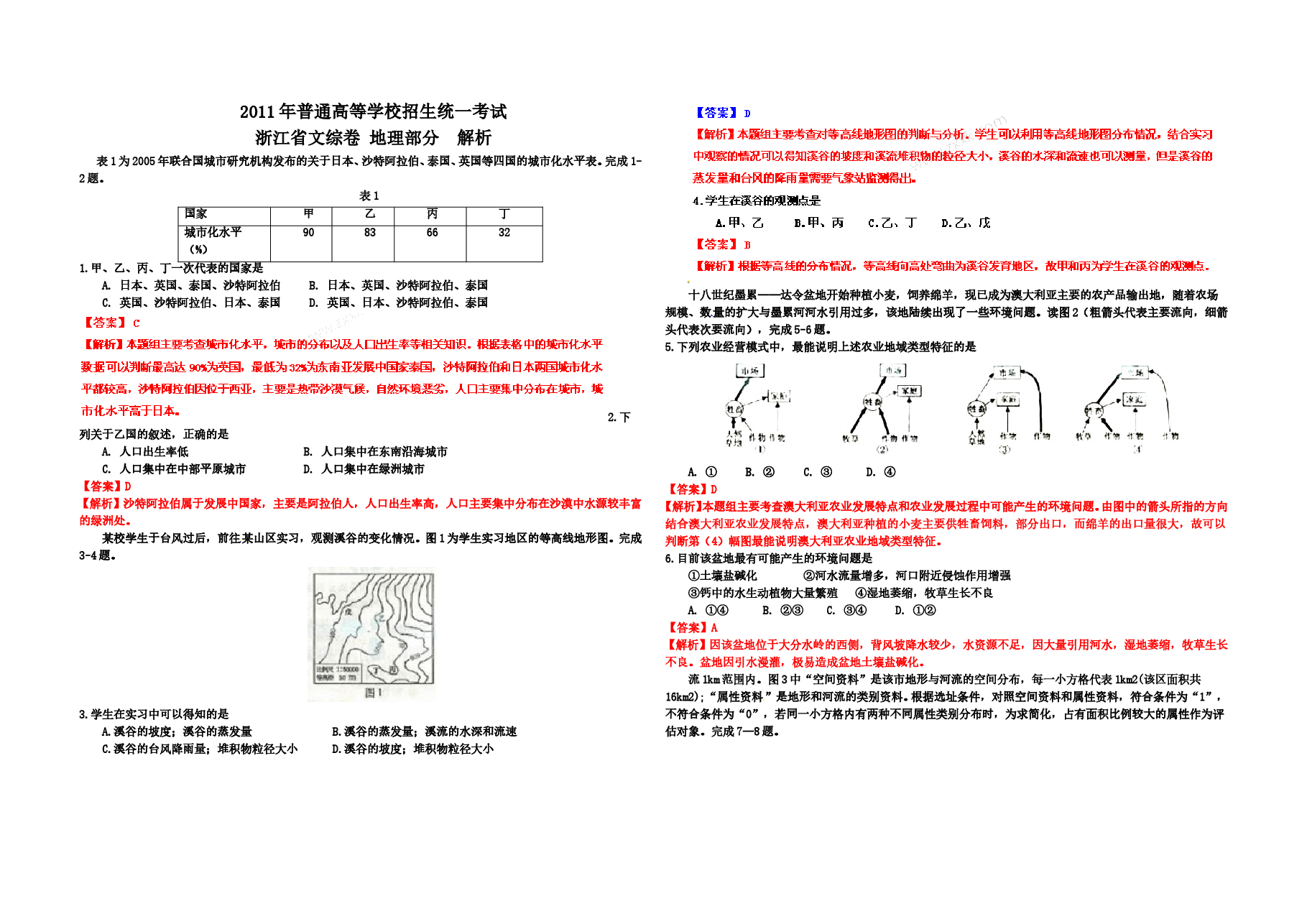 2011年浙江省高考地理（含解析版）.doc，第1页预览