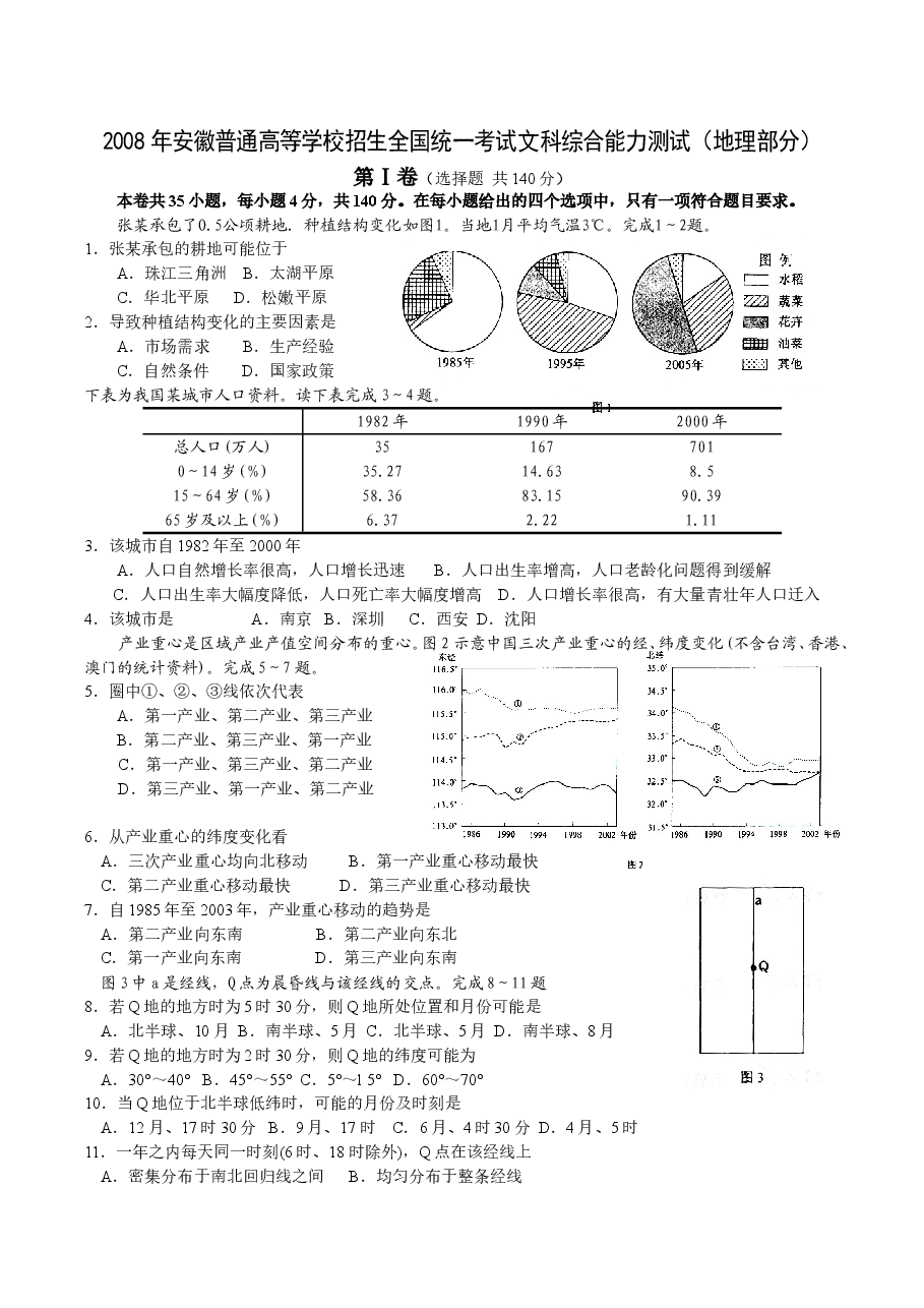 2008年高考安徽卷(文综地理部分)(含答案).doc,第1页预览