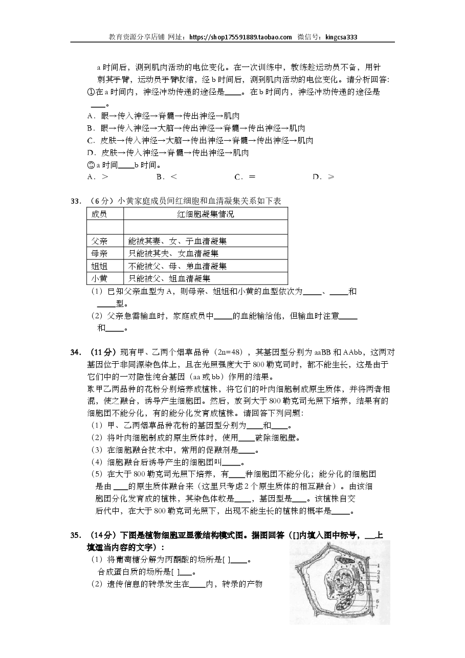 2001年上海市高中毕业统一学业考试生物试卷(答案版).doc,第4页预览