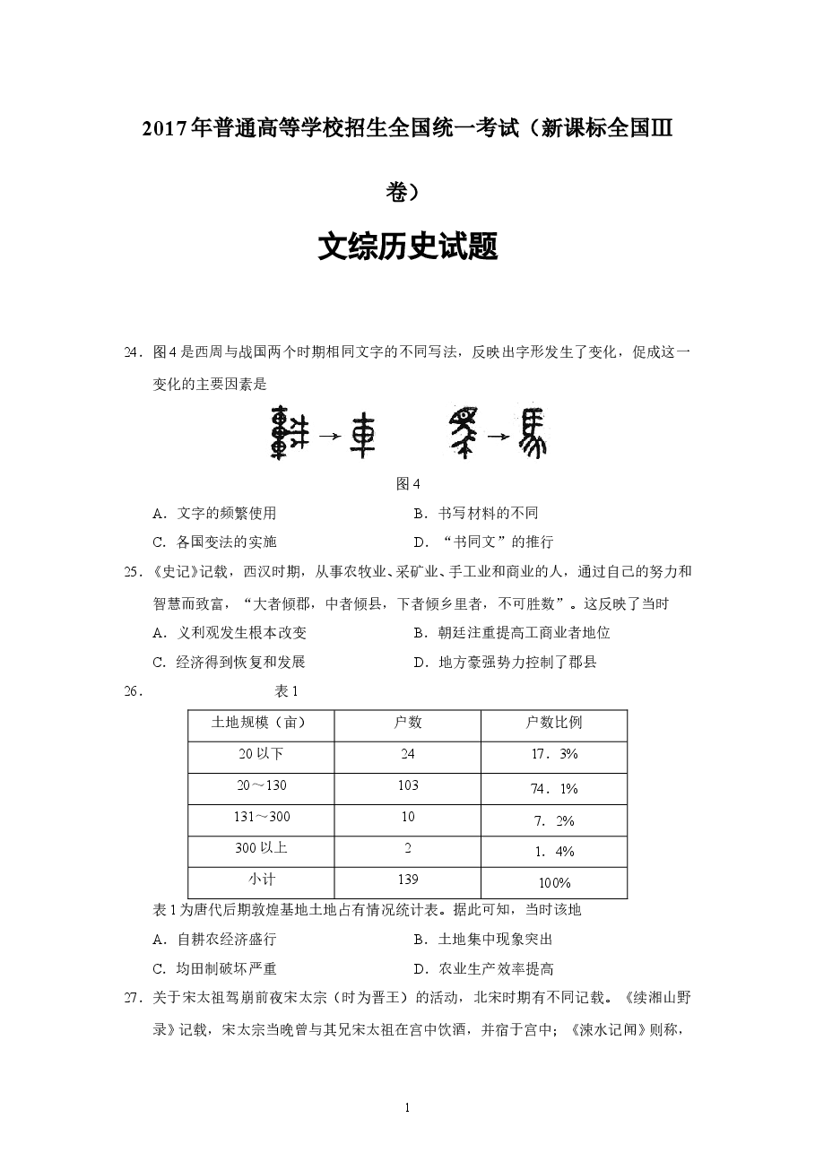 2017高考贵州卷文综历史试题及答案.doc,第1页预览