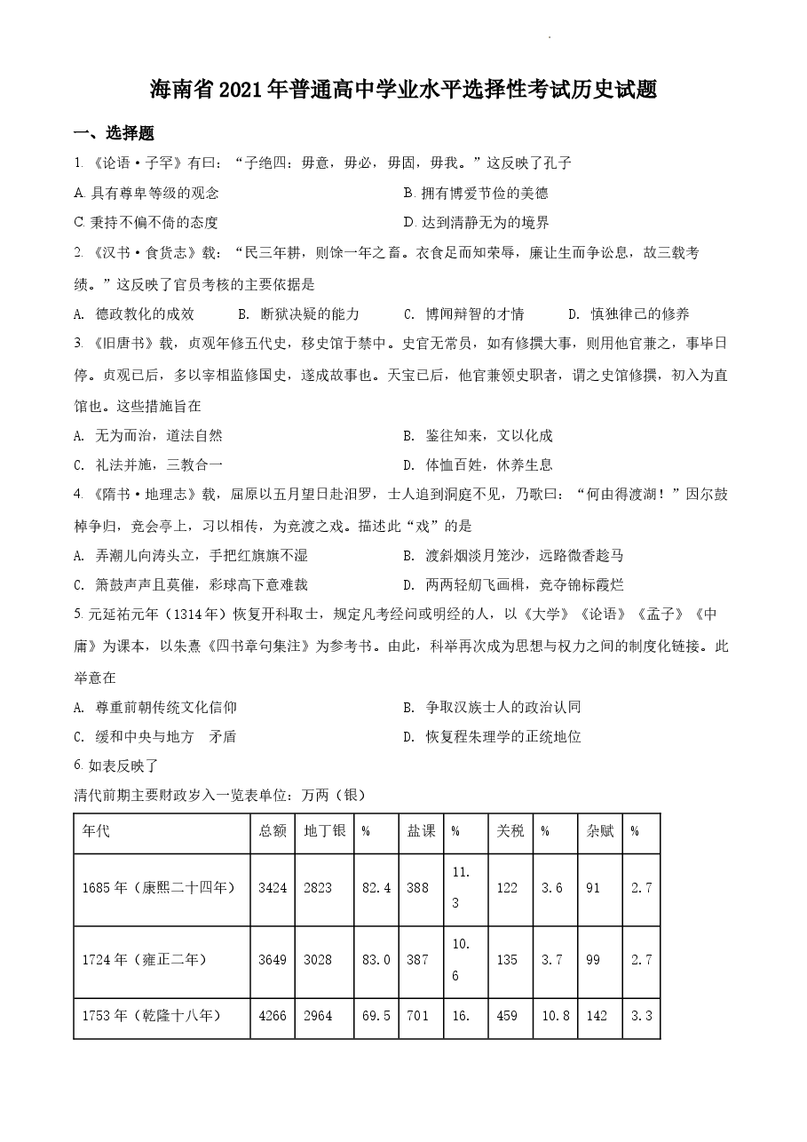 精品解析:2021年新高考海南历史高考真题(原卷版).docx,第1页预览