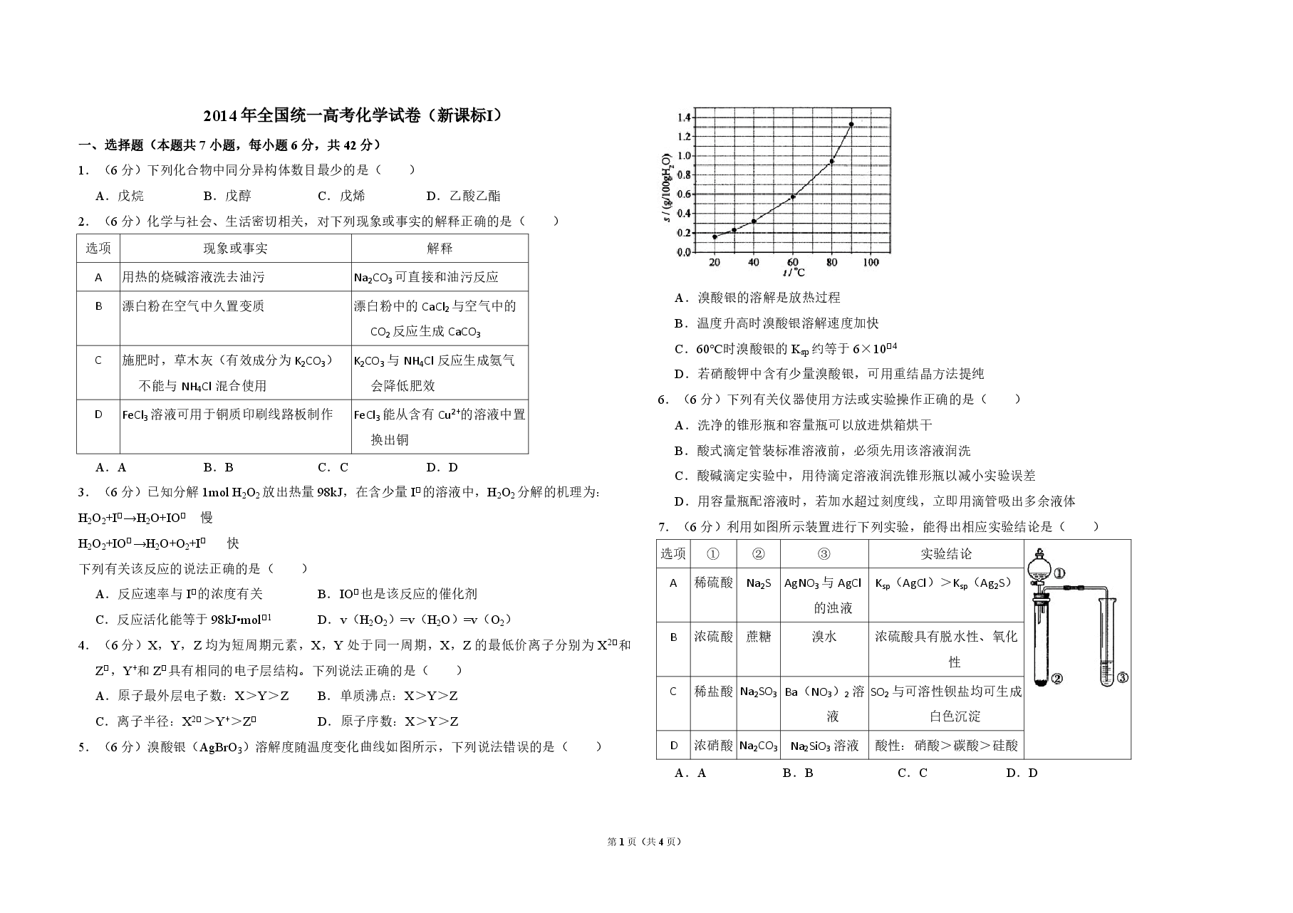 2014年全国统一高考化学试卷(新课标ⅰ)(原卷版).pdf,第1页预览