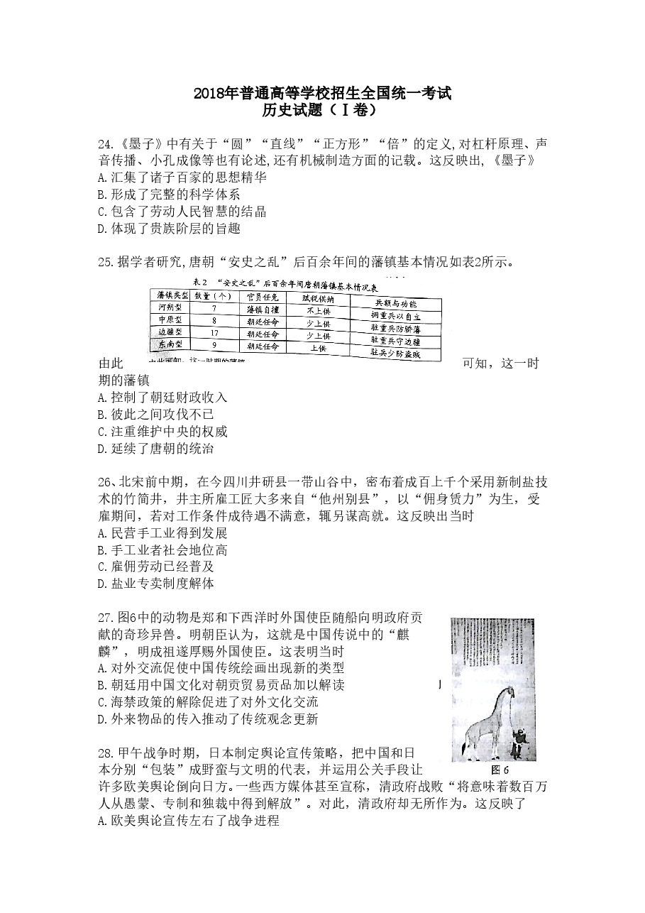 2018年高考文综全国一卷历史真题含答案.doc,第1页预览