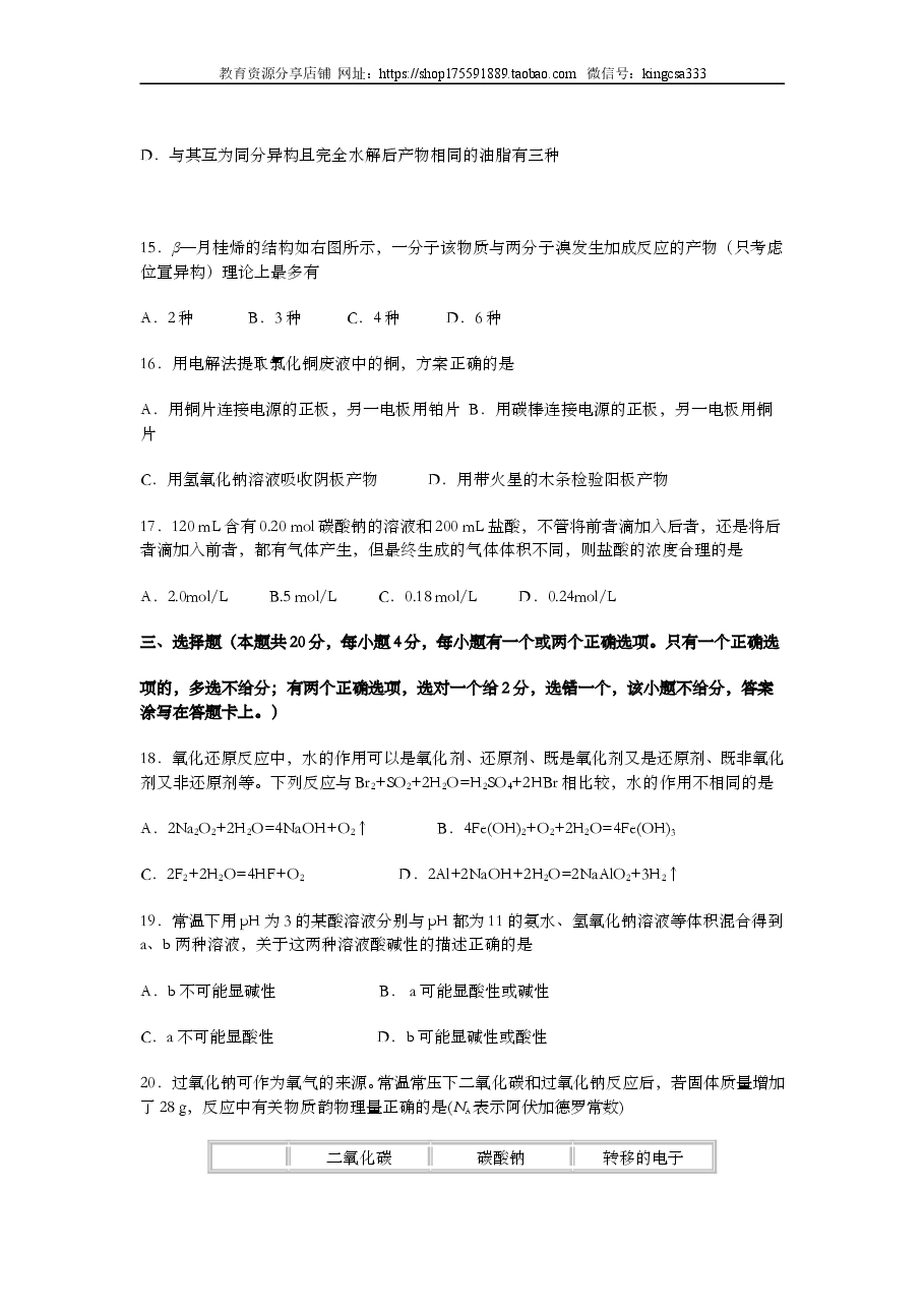 2011年上海市高中毕业统一学业考试化学试卷(word解析版).doc,第4页预览