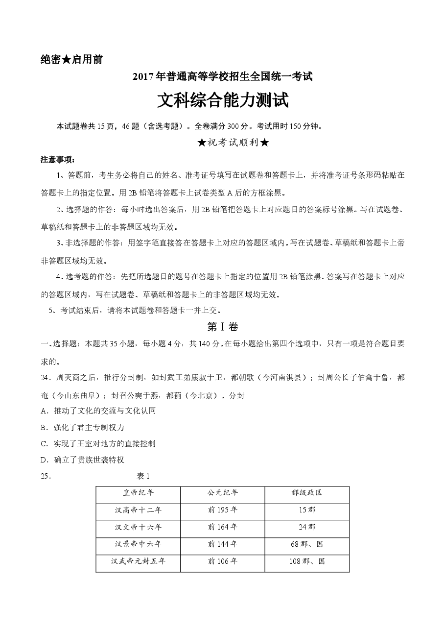 2017年高考文综全国一卷历史真题含答案.doc,第1页预览