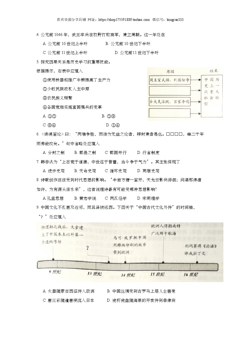 2016年上海市高中毕业统一学业考试历史试卷(原卷版).doc,第2页预览