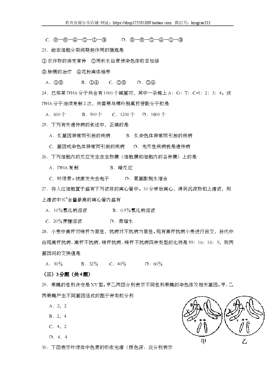 2007年上海市高中毕业统一学业考试生物试卷(原卷版).doc,第4页预览
