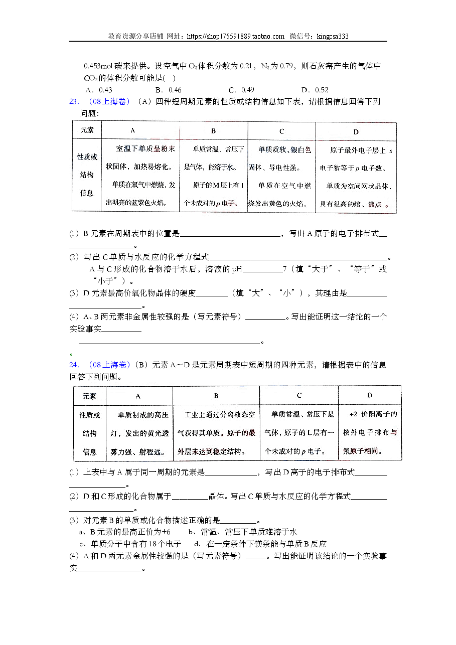 2008年上海市高中毕业统一学业考试化学试卷（原卷版）.doc，第4页预览