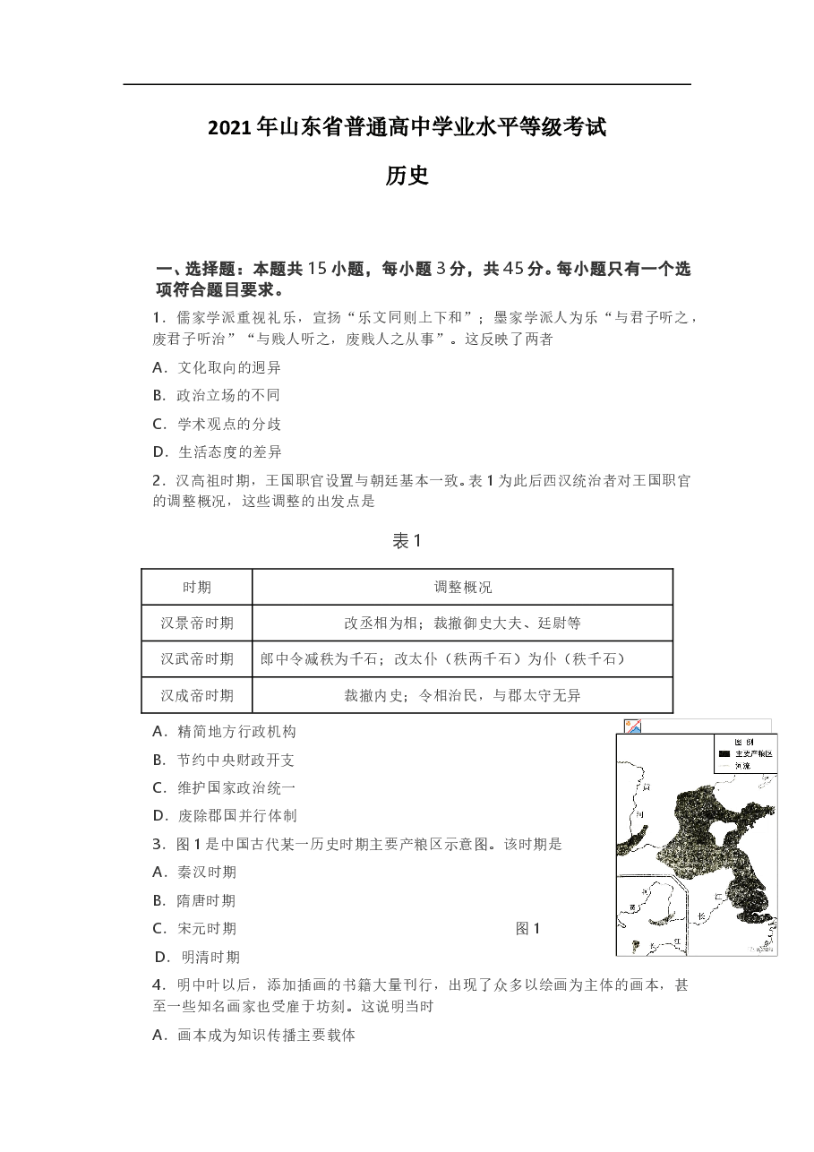 2021年高考真题历史(山东卷)(原卷版).doc,第1页预览