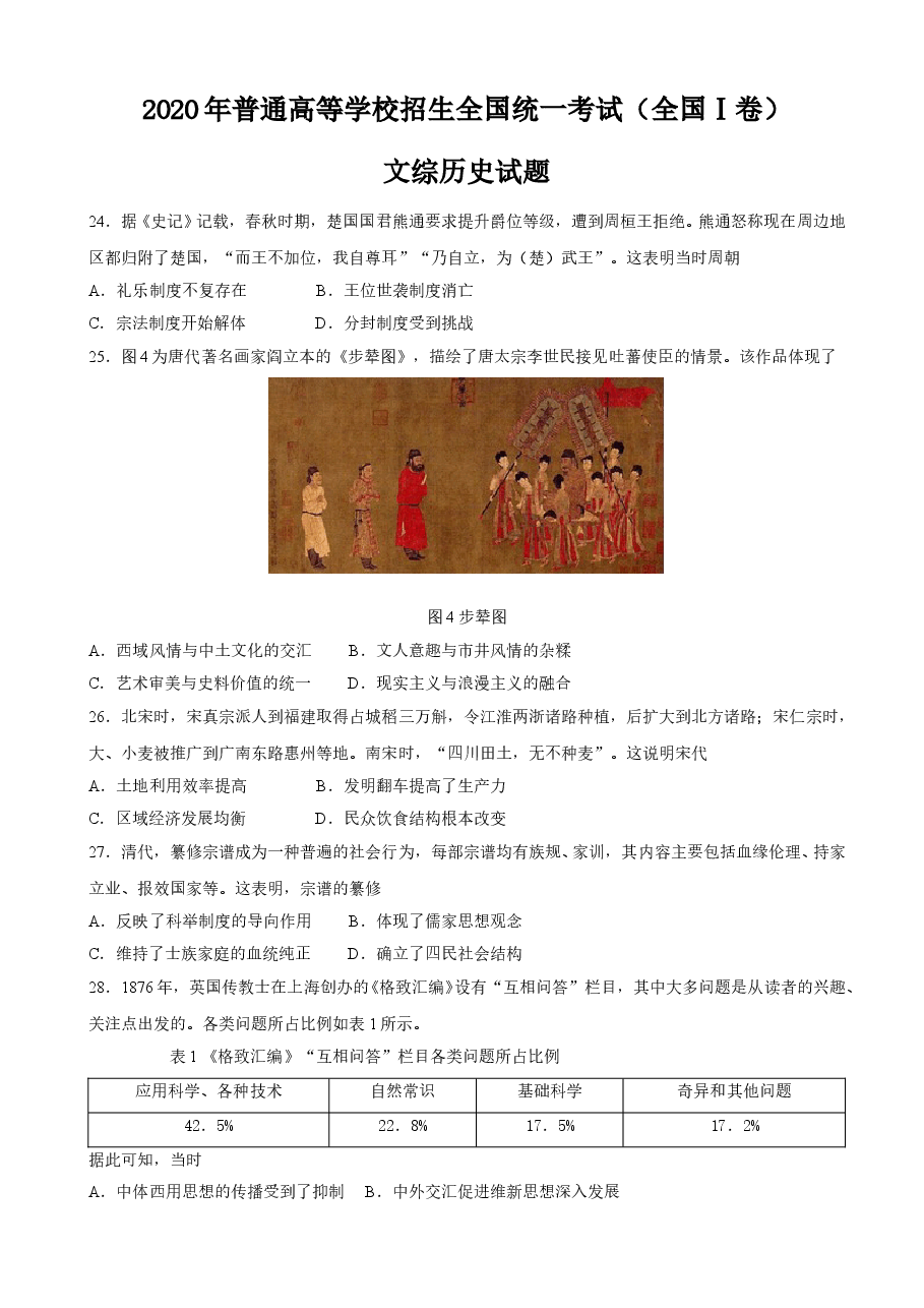 2020年高考文综全国一卷历史真题含答案.doc,第1页预览
