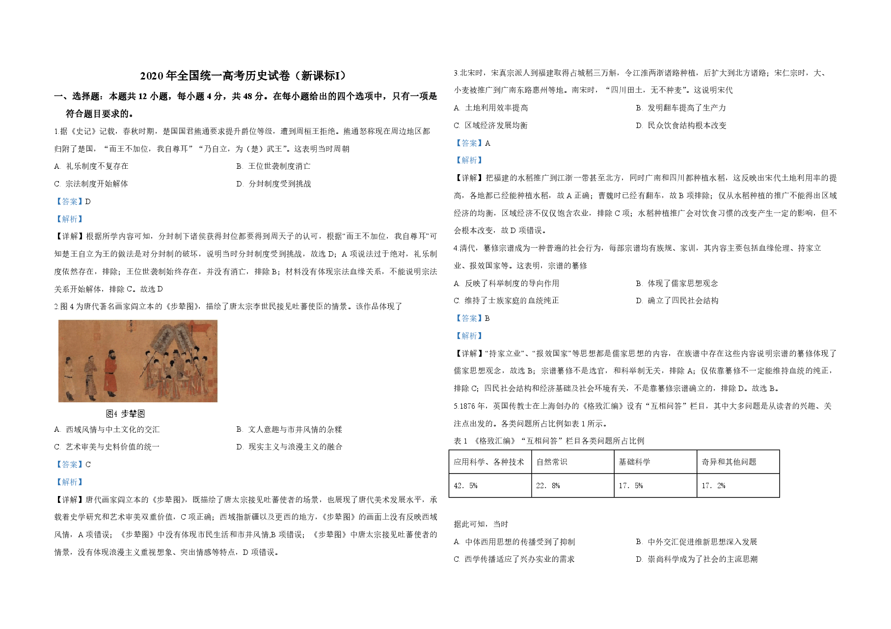 2020年全国统一高考历史试卷(新课标ⅰ)(含解析版).pdf,第1页预览