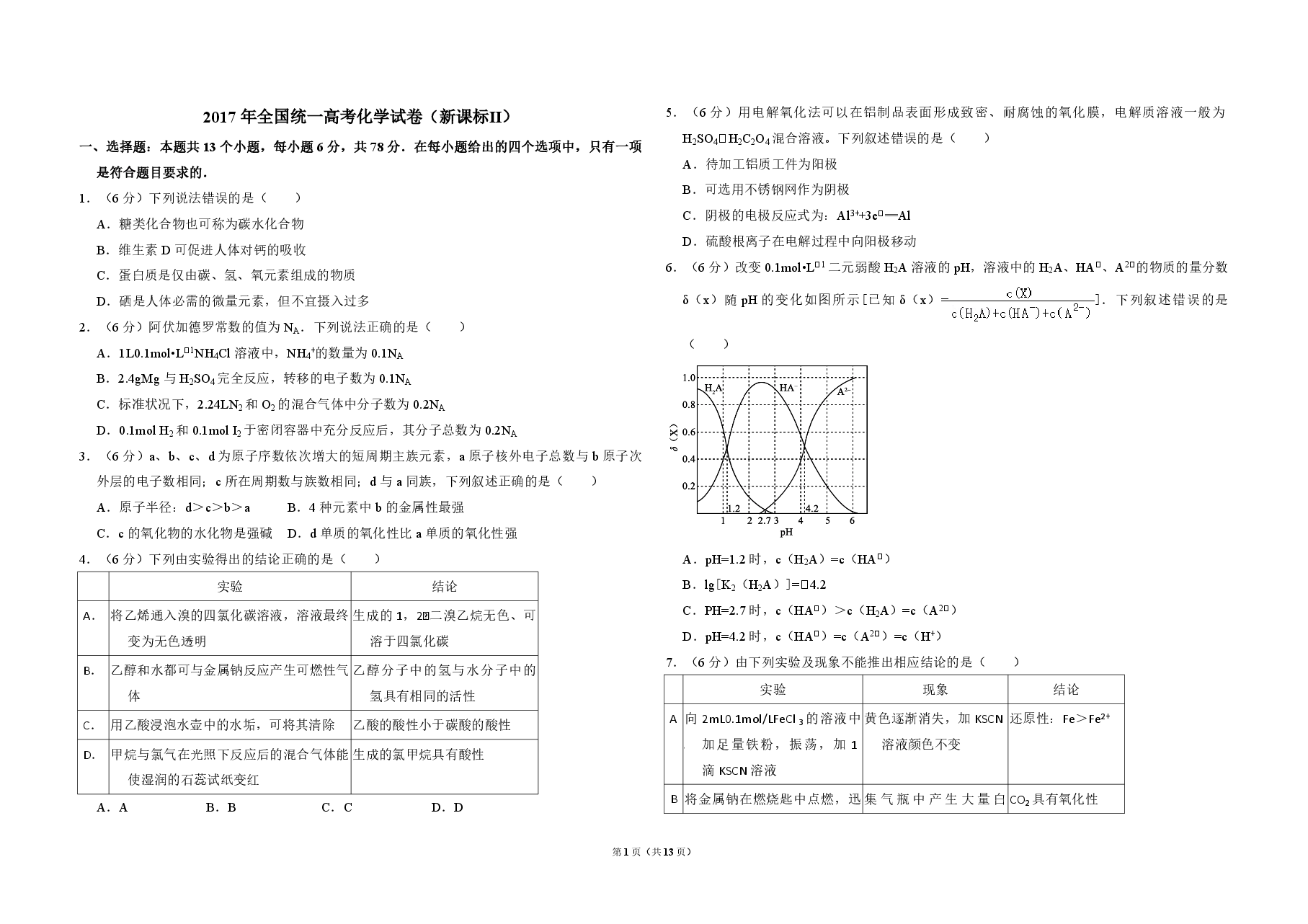 2017年全国统一高考化学试卷(新课标ⅱ)(含解析版).pdf,第1页预览