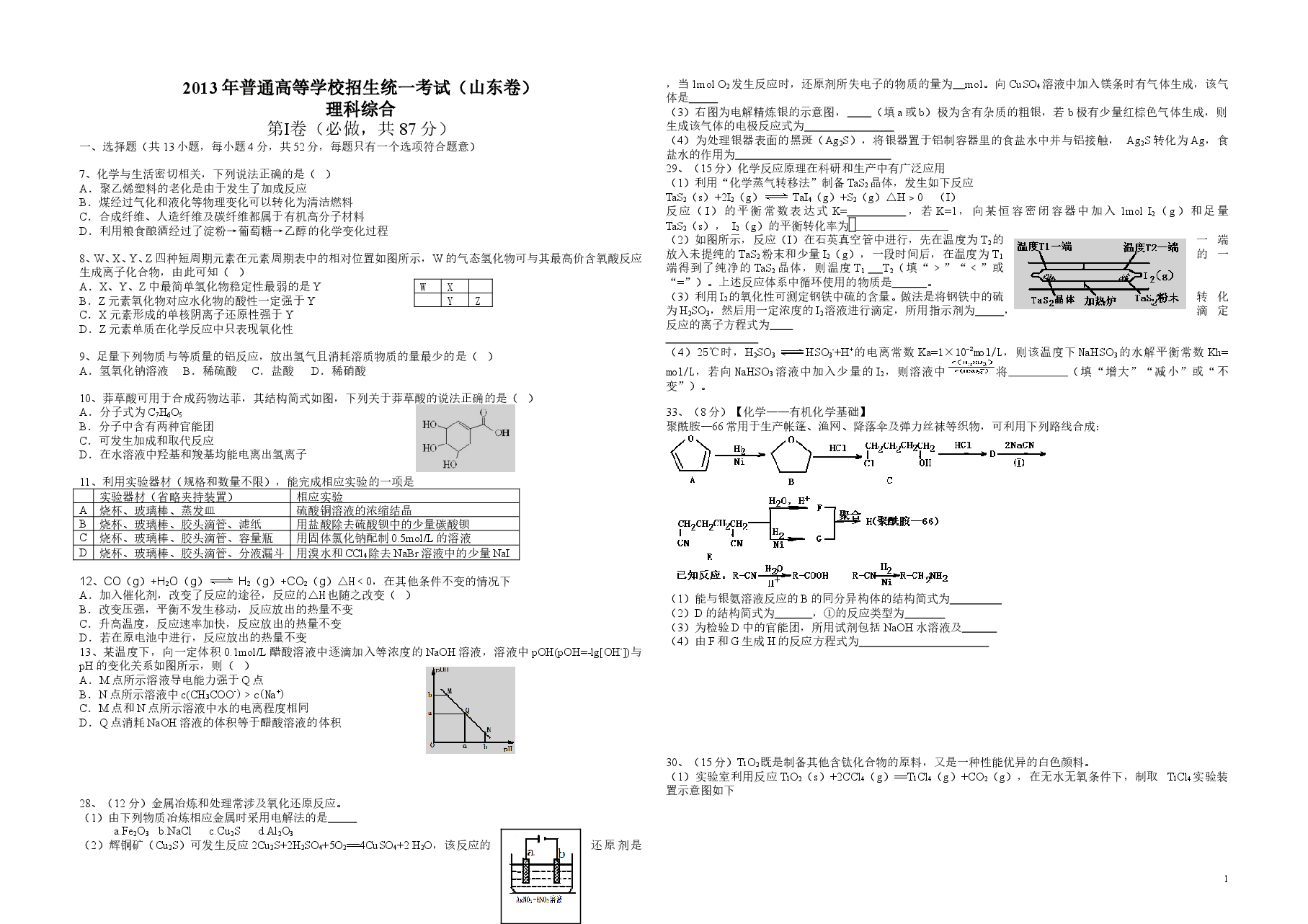 2013年高考真题 化学(山东卷)(原卷版).doc,第1页预览