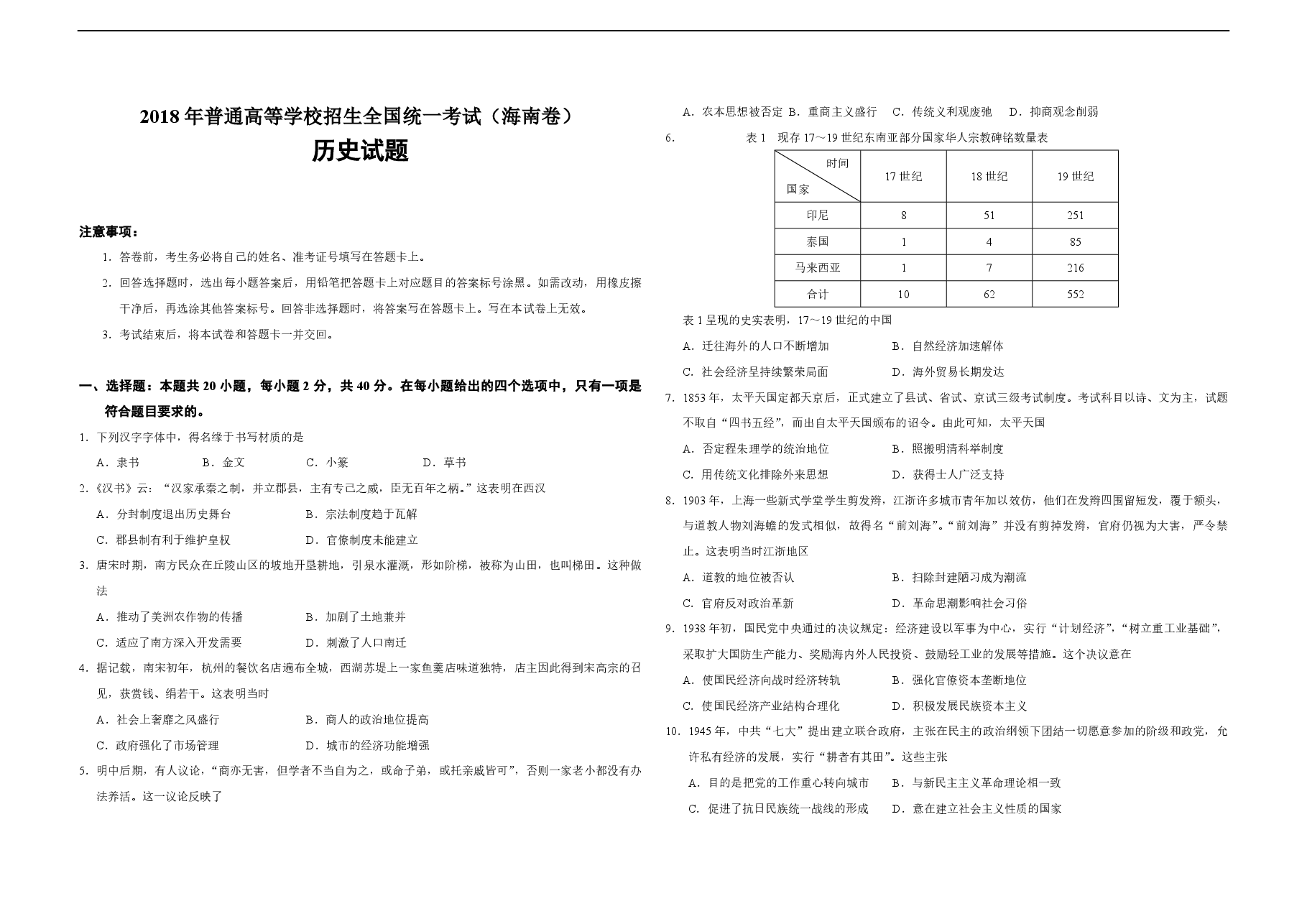 2018高考海南卷历史试题(含答案).pdf,第1页预览