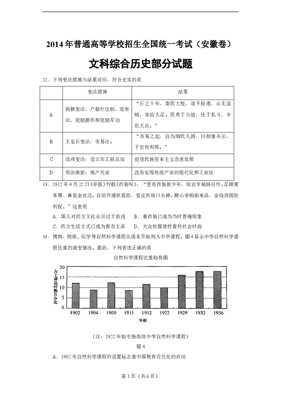 2014年高考安徽卷(文综历史部分)(含答案).doc,第1页预览