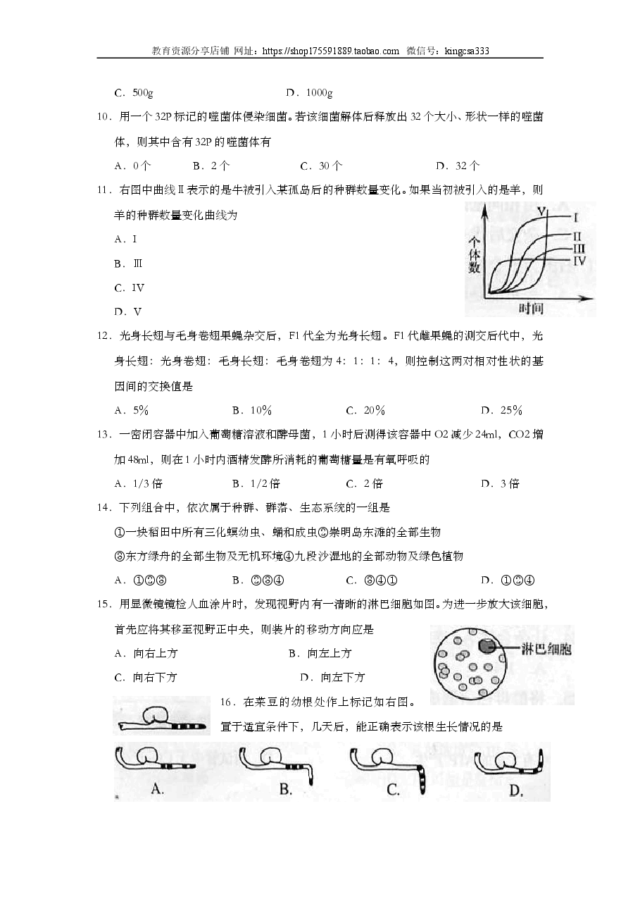 2006年上海市高中毕业统一学业考试生物试卷(原卷版).doc,第2页预览