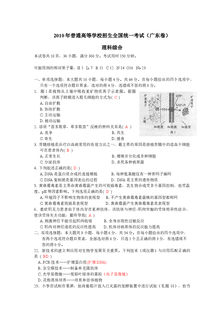 2010广东高考理综生物试卷及答案.docx,第1页预览
