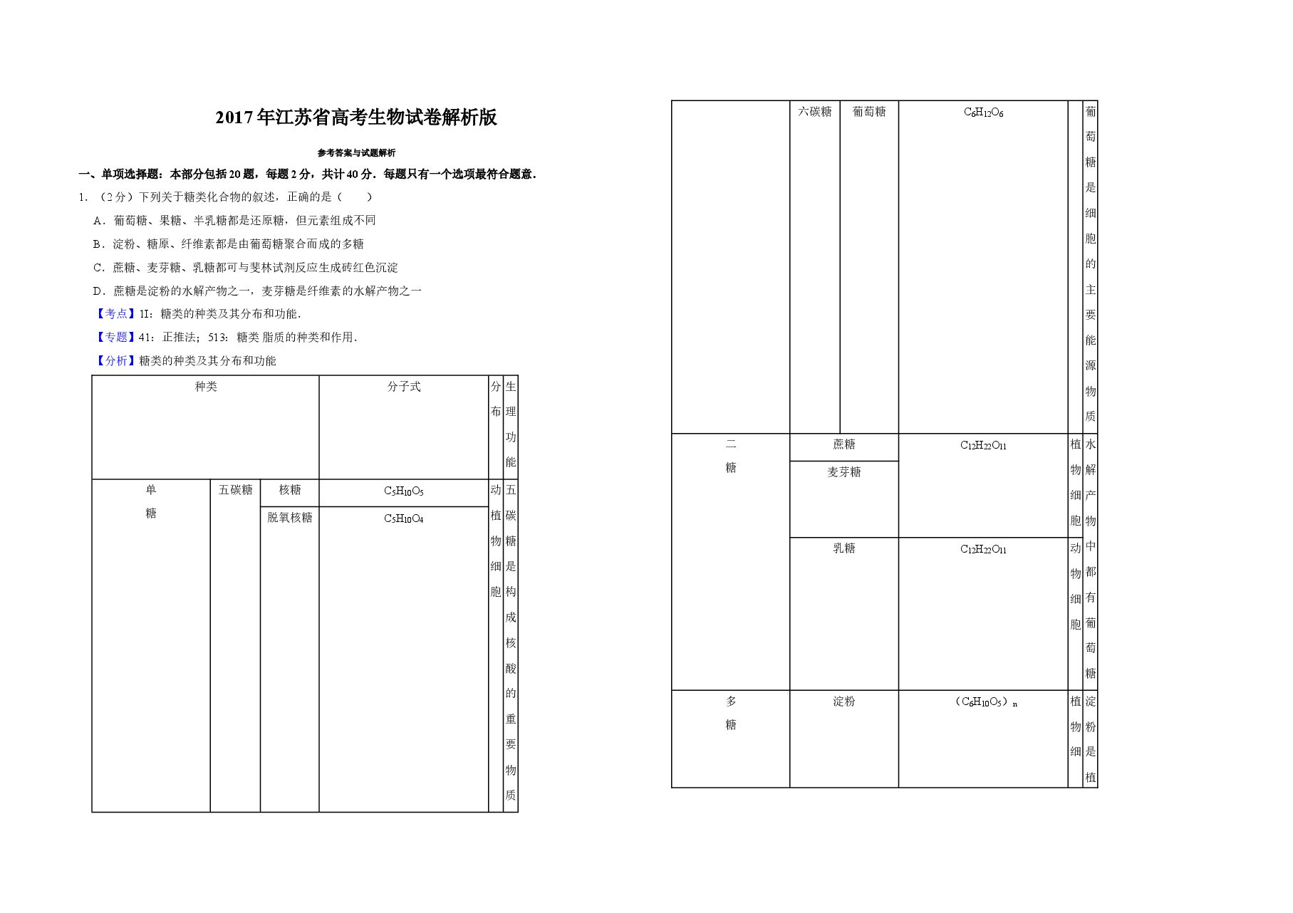 2017年江苏省高考生物试卷解析版   .doc，第1页预览
