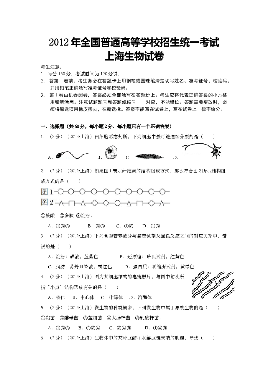 2012年上海市高中毕业统一学业考试生物试卷（原卷版）.doc，第1页预览