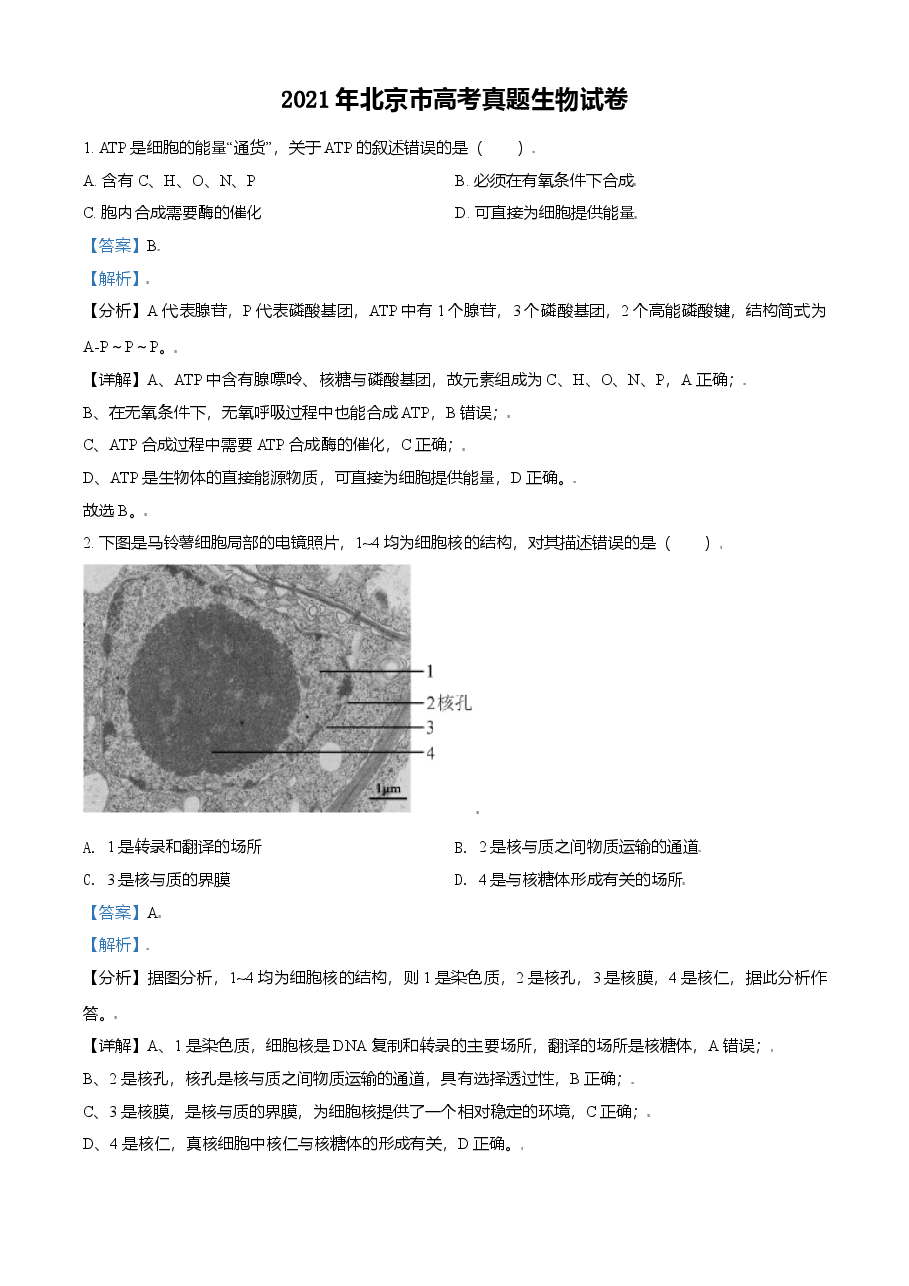 2021年北京市高考生物试卷（含解析版）.doc，第1页预览