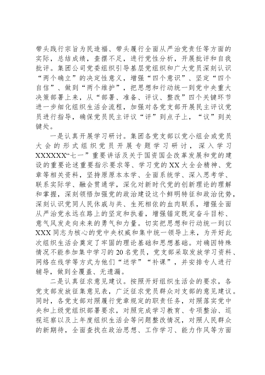 集团公司2023年度基层党支部组织生活会暨民主评议党员情况总结.docx，第2页预览