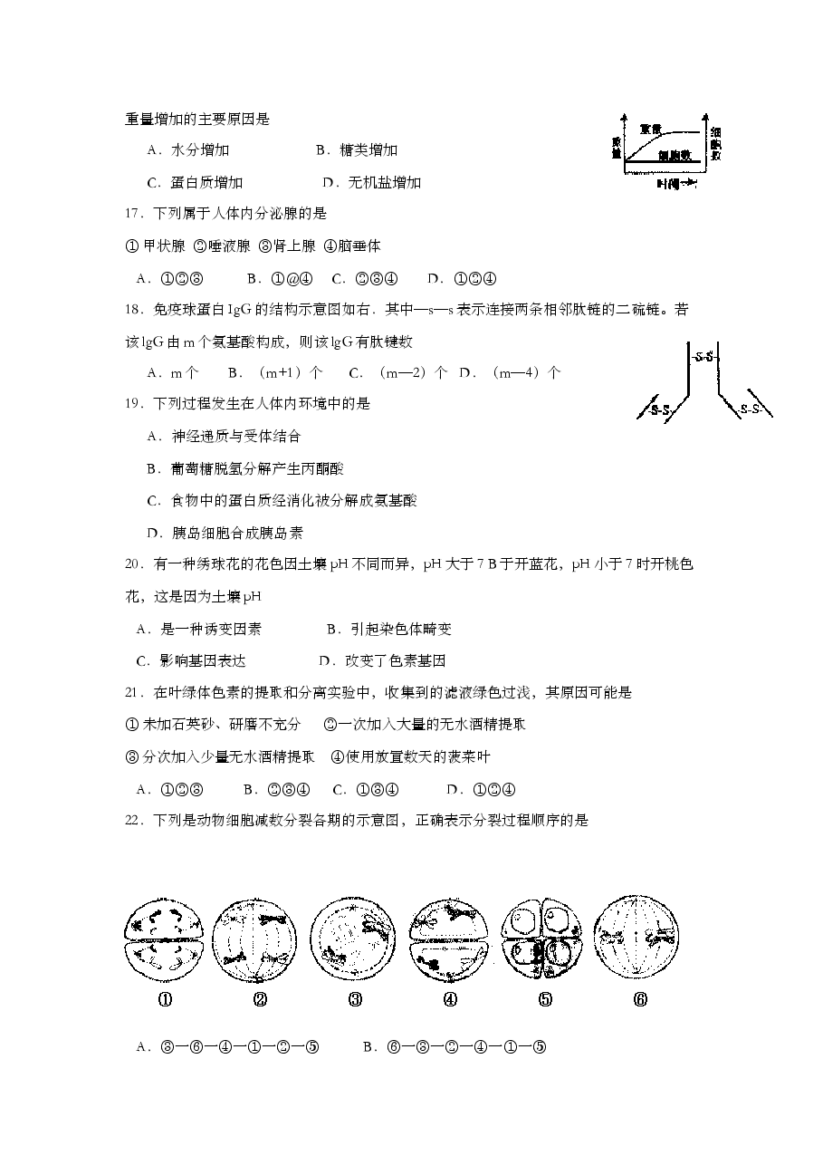 2007年上海市高中毕业统一学业考试生物试卷(原卷版).doc,第3页预览
