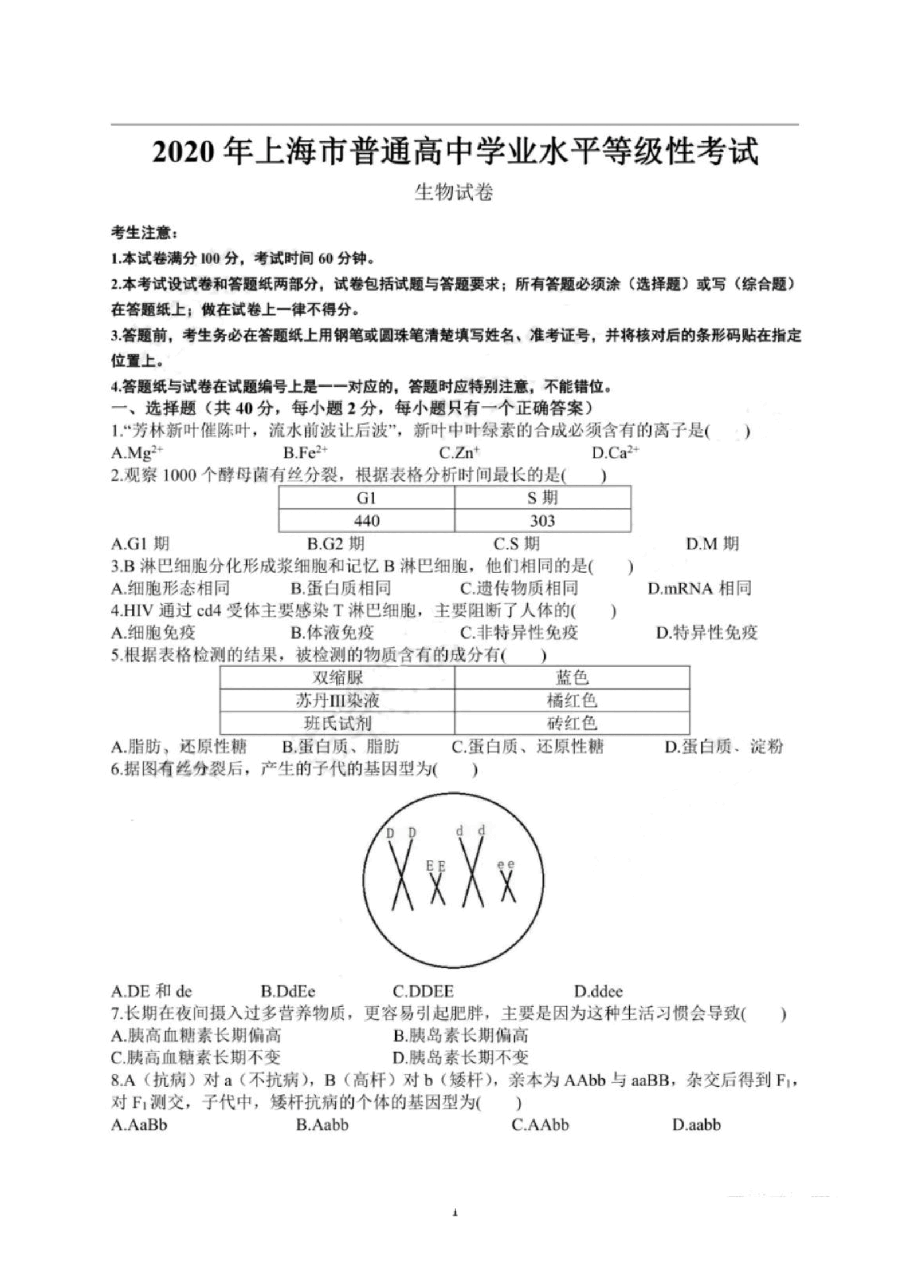 2020年上海市普通高中学业水平等级性考试生物试卷(pdf,有答案)_纯图版.pdf,第1页预览