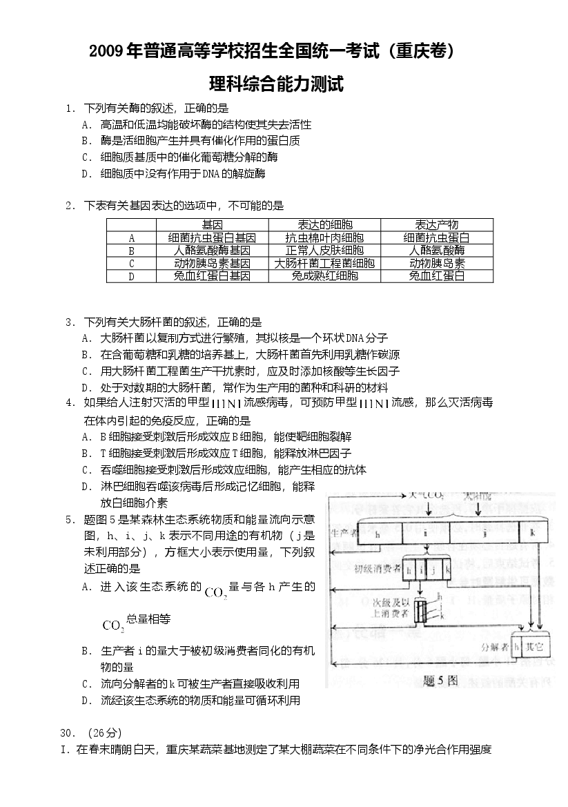 2009年高考重庆高考理综生物试题含答案word版.doc，第1页预览