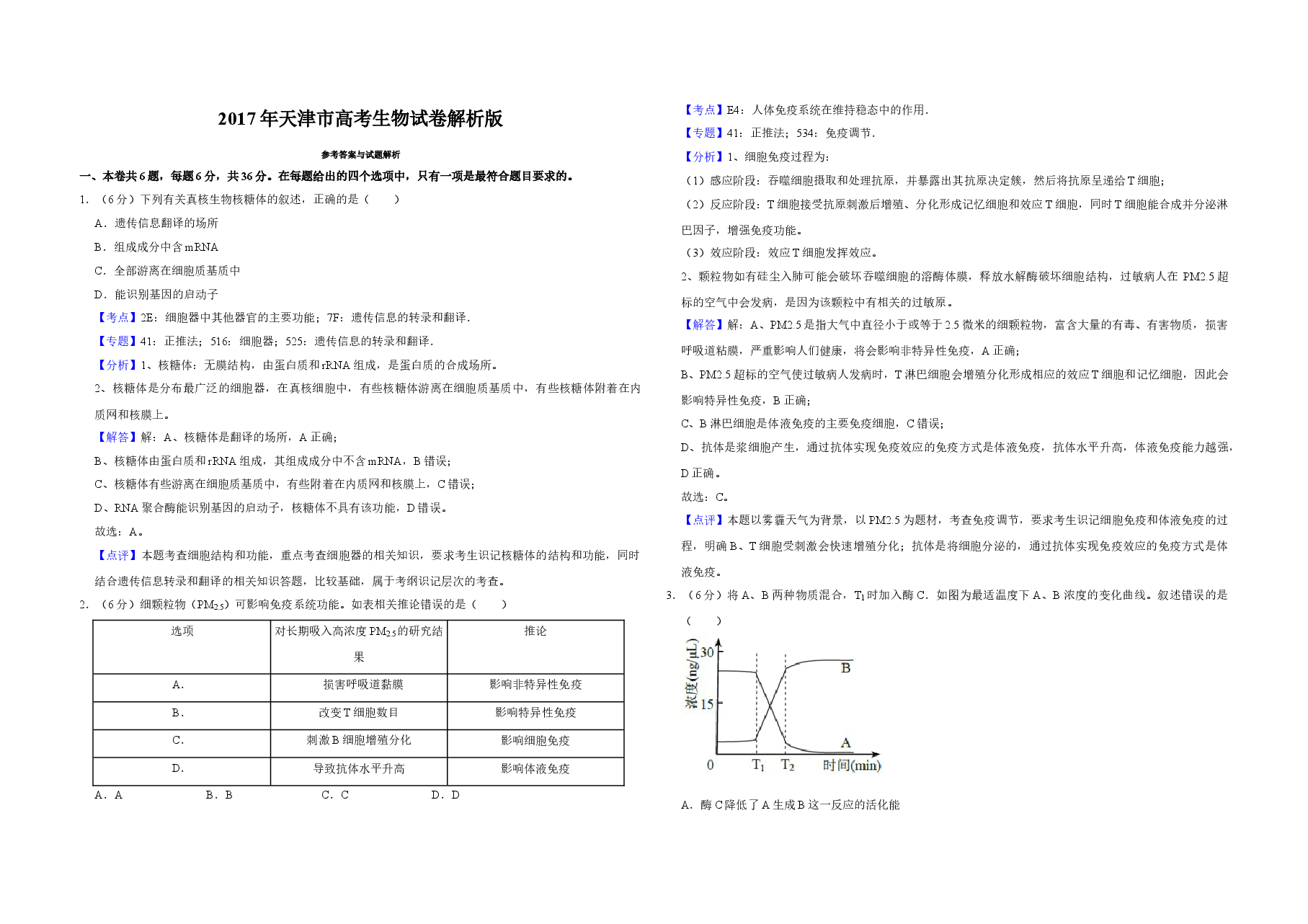 2017年天津市高考生物试卷解析版 .doc,第1页预览