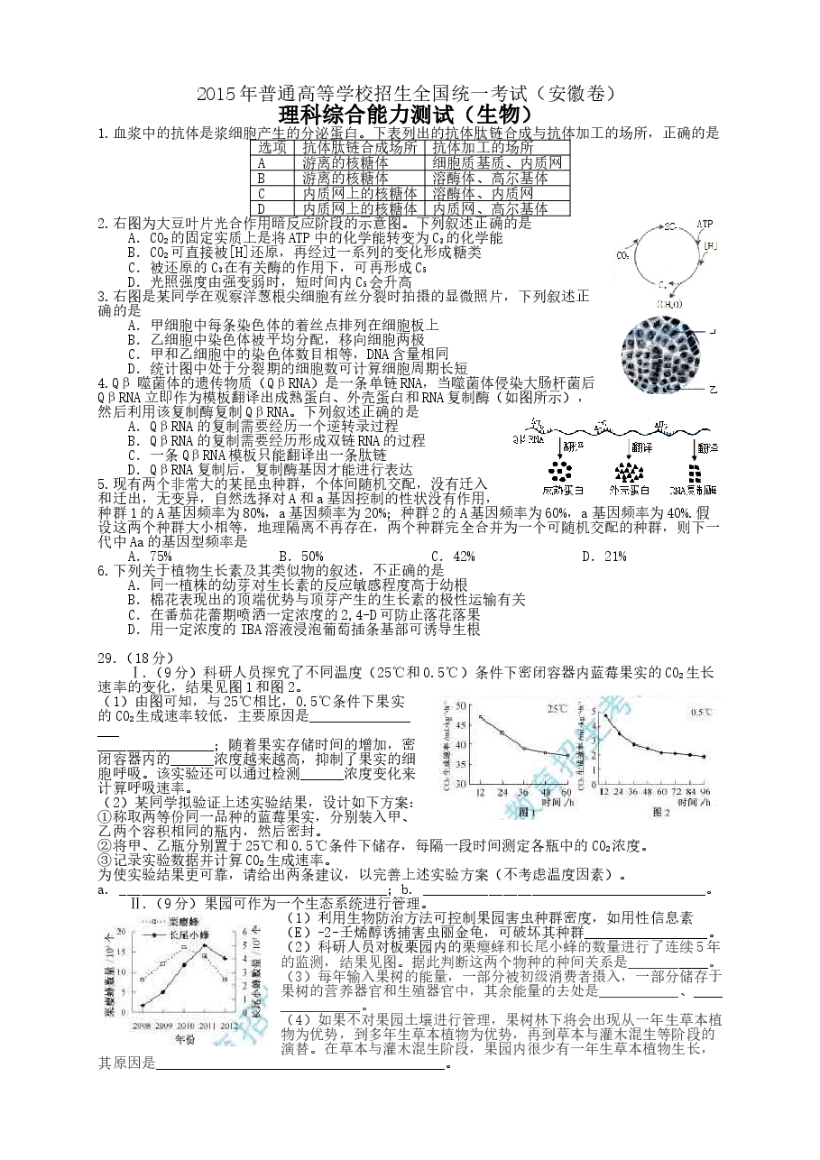 2015年安徽高考生物真题及答案.doc,第1页预览