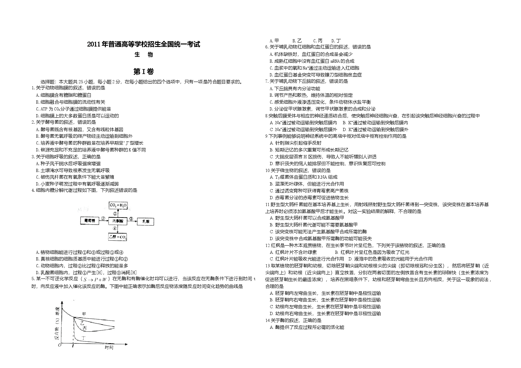 2011年高考海南卷生物（原卷版）.doc，第1页预览