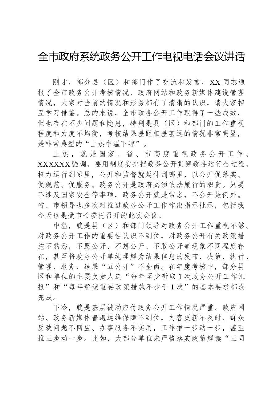 全市政府系统政务公开工作电视电话会议讲话.docx,第1页预览