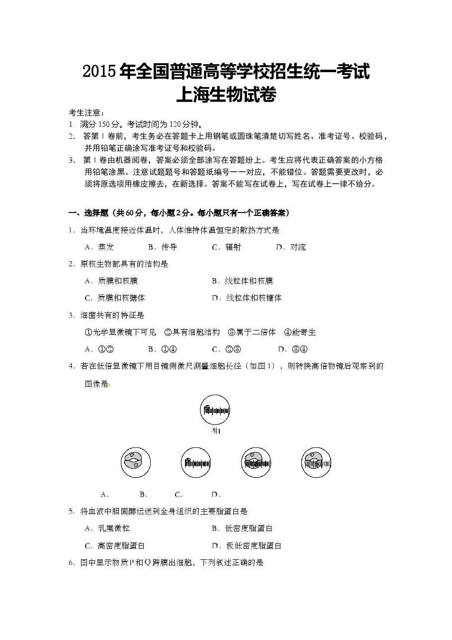 2015年上海市高中毕业统一学业考试生物试卷(原卷版).doc,第1页预览