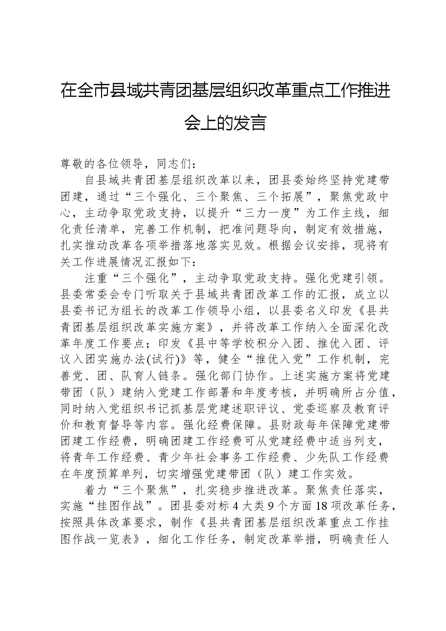 在全市县域共青团基层组织改革重点工作推进会上的发言.docx,第1页预览