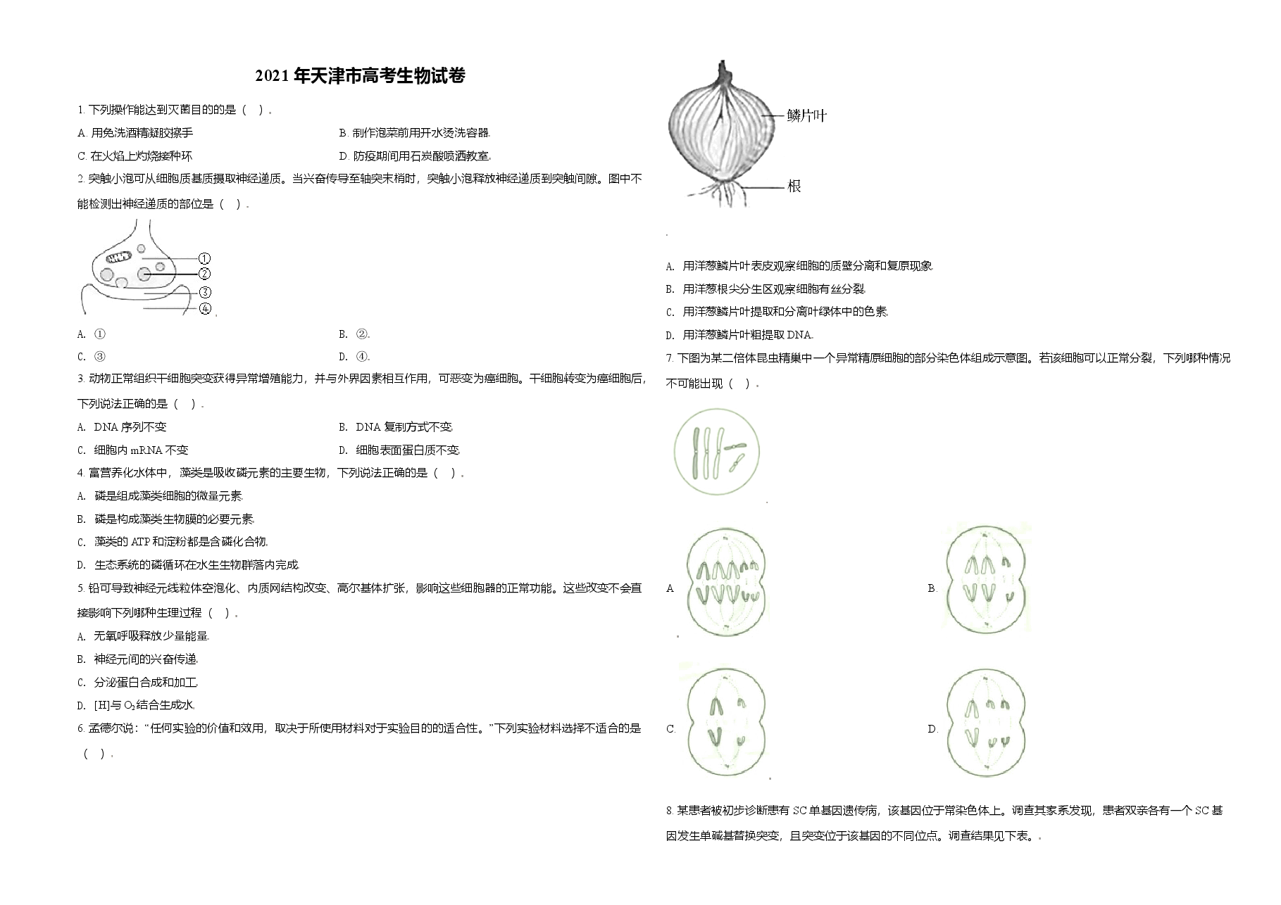 2021年天津市高考生物试卷   .doc，第1页预览